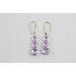 10ct gold amethyst faceted three stone drop earrings (2.4g)