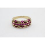 9ct gold ruby & diamond triple row ring (3.7g) size P