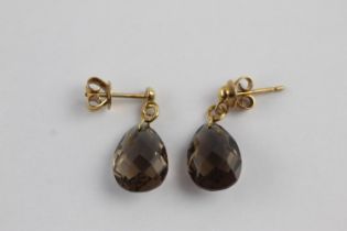 9ct gold faceted smoky quartz drop stud earrings (2.2g)