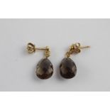 9ct gold faceted smoky quartz drop stud earrings (2.2g)