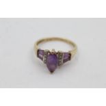 9ct gold amethyst & diamond navette ring (2.3g) size P