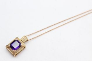 9ct gold amethyst & diamond pendant necklace (6.1g)