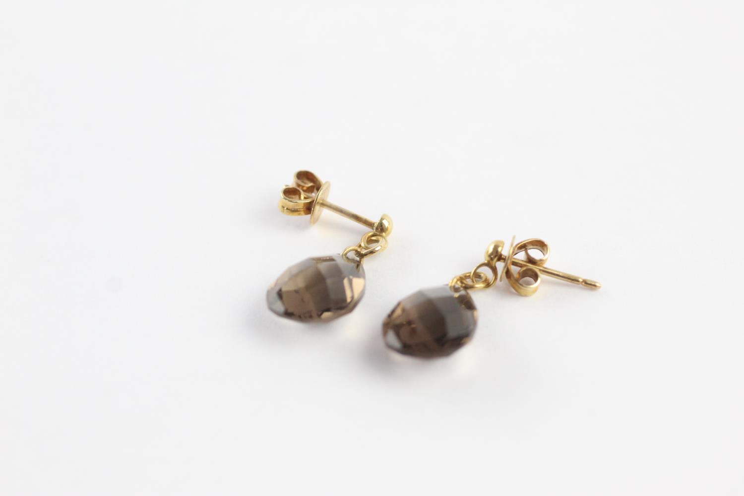 9ct gold faceted smoky quartz drop stud earrings (2.2g) - Image 5 of 5