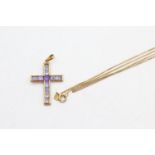 9ct gold amethyst & tanzanite cross pendant necklace (2.9g)