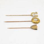 3x 18ct gold head stick pins with 9ct screw in pins 9.9g