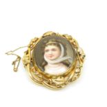 9ct gold framed brooch with hand painted miniature of a lady 60mm x 50mm
