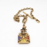 9ct gold Albert watch chain 30cm long with 45mm T bar and Masonic Skull and Crossbones enamelled fob