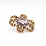 9ct gold and amethyst brooch 45mm long, amethyst 20mm x 15mm 9.2g