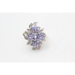 9ct gold vintage tanzanite & diamond floral cluster dress ring (3.3g) Size N