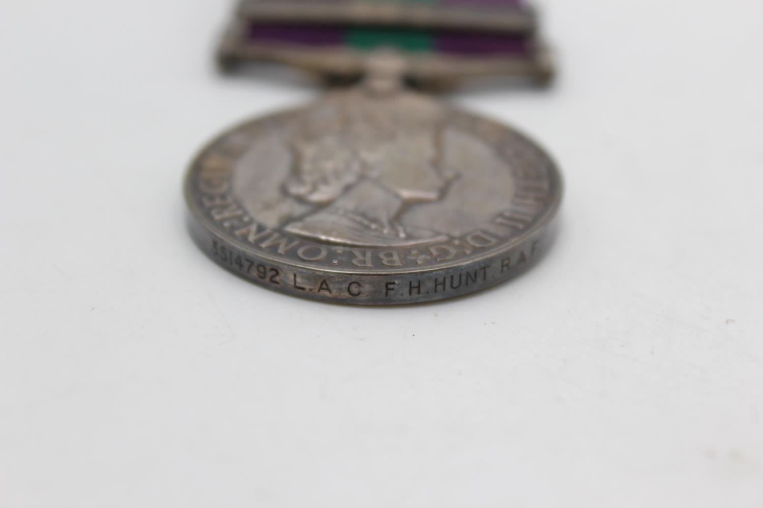 ER.II G.S.M Malaya Clasp Medal To 3514792 L.A.C F.H Hunt R.A.F In vintage condition Signs of use & - Image 5 of 5