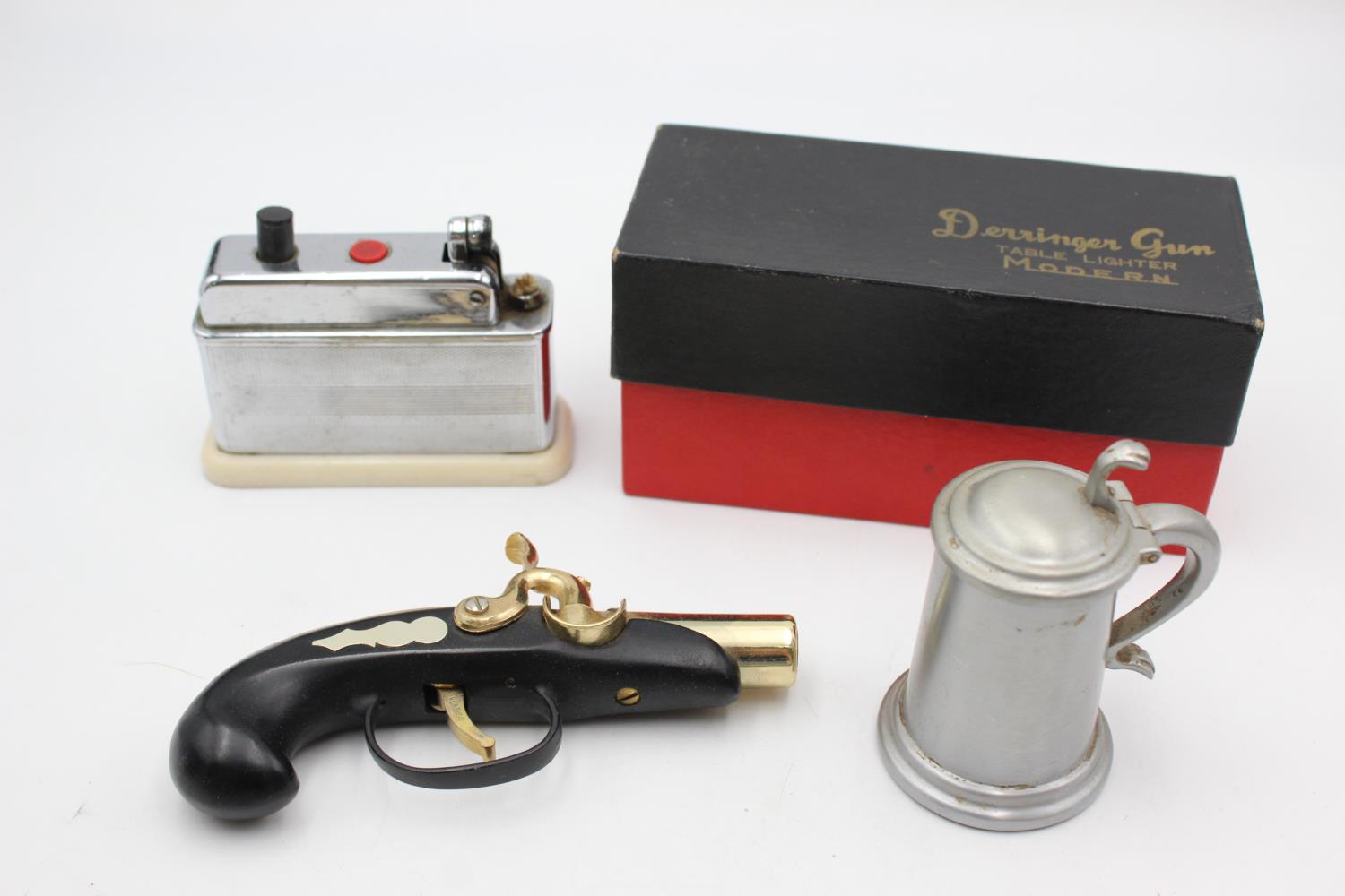 3 x Assorted Vintage TABLE LIGHTERS Inc. Dunhill Tankard & Boxed Derringer Gun UNTESTED Items are in