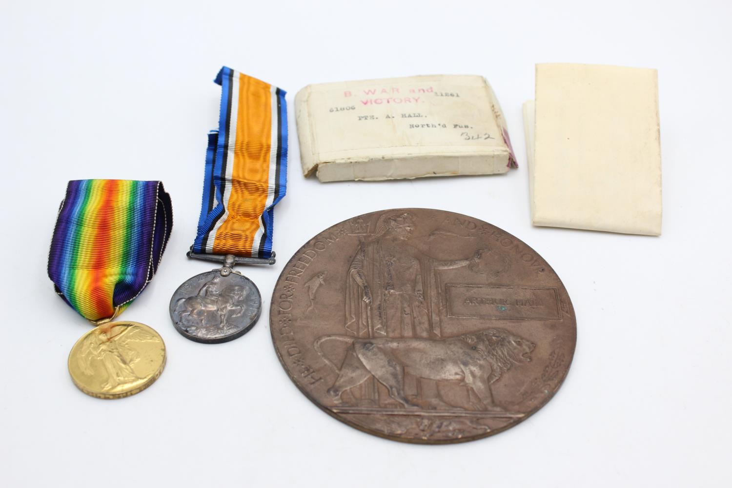 WW1 Named Medal Pair w/ Death Plaque Medals To 61806 PTE A.Hall - Northumberland Fusiliers, &