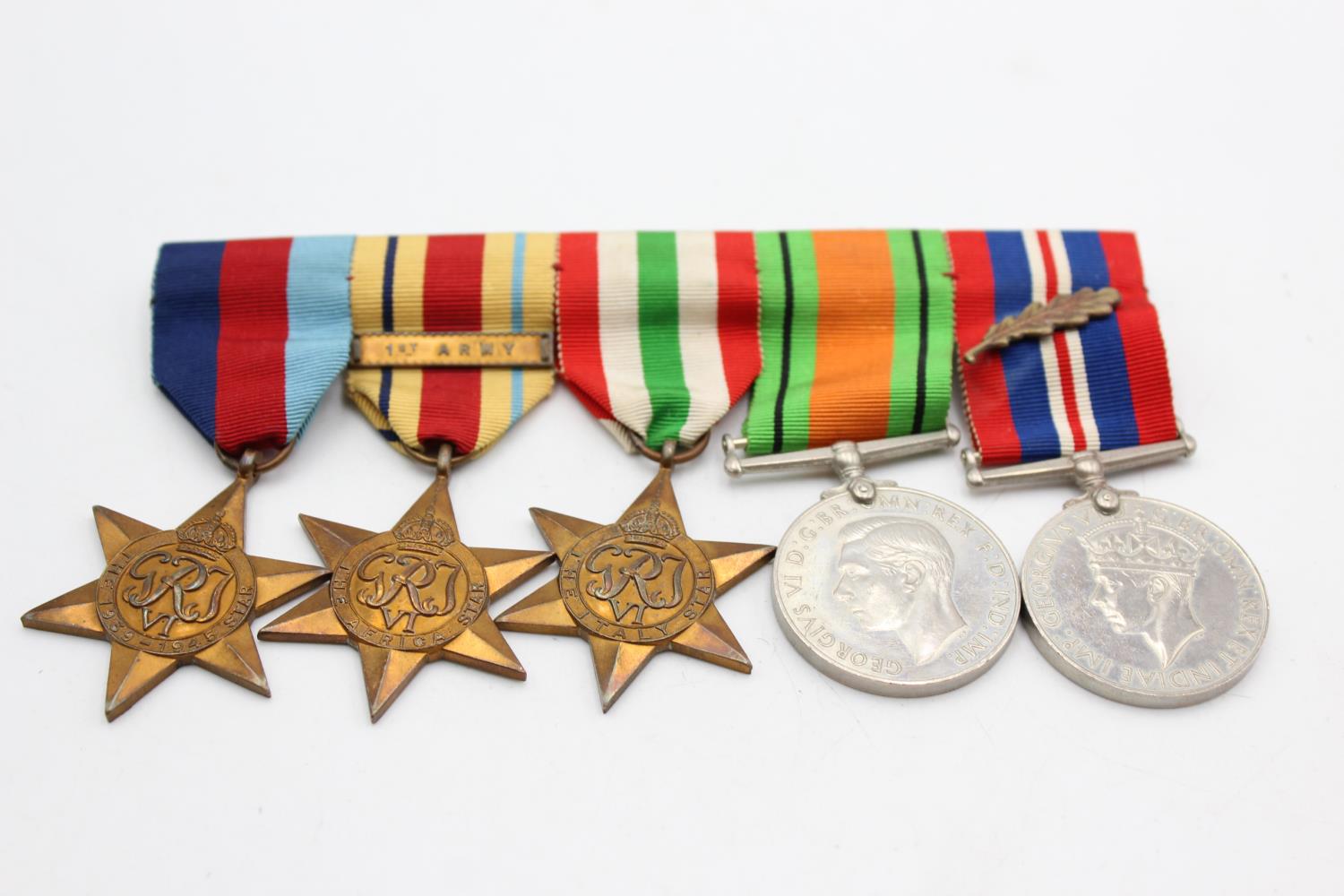 WW2 Mounted Medal Group Inc Africa Star, 1st Army Bar, M.I.D Oakleaf Etc In vintage condition