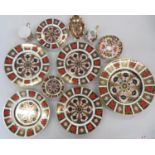 Collection of 7x Royal Crown Derby Imari pattern plates, 1x coffee bin and saucer with milk jug