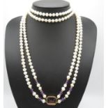 9ct gold amethyst and cultured pearl double strand Art Deco Revival Flapper necklace 32" long