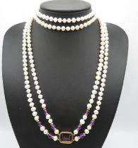 9ct gold amethyst and cultured pearl double strand Art Deco Revival Flapper necklace 32" long