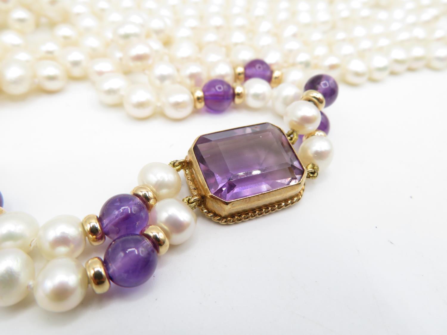 9ct gold amethyst and cultured pearl double strand Art Deco Revival Flapper necklace 32" long - Image 3 of 3