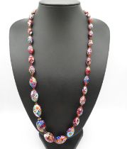 String of antique check Venetian millefiori graduated glass bead necklace