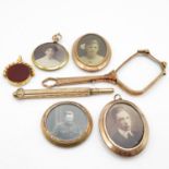 Bag containing antique photo locket pendants, pencil, glasses and watch fob
