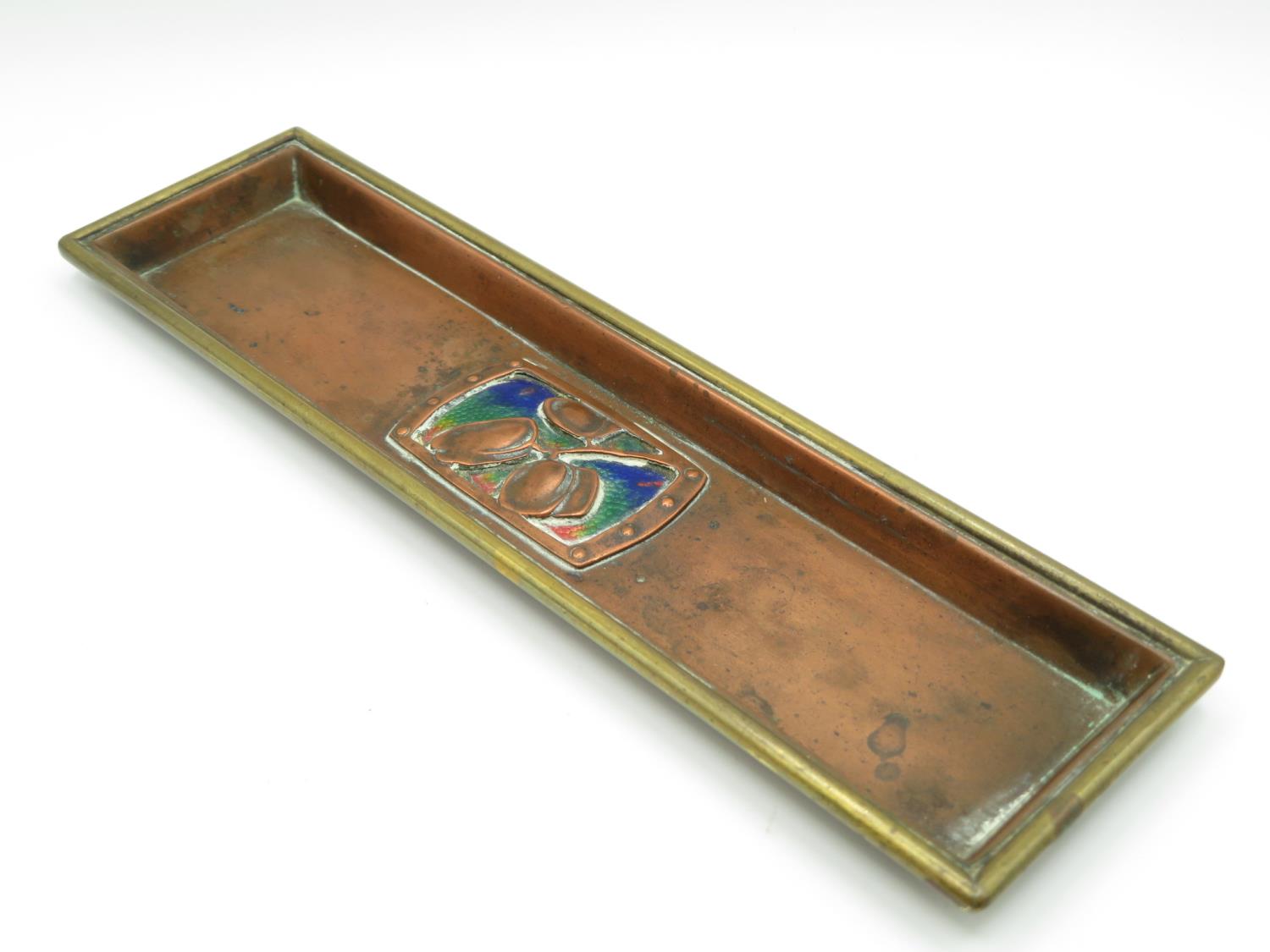 Arts and Crafts pin dish 8.5" long x 2" wide with nice rainbow enamel work and Mackintosh design - Image 2 of 3