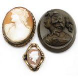 3x antique cameo brooches with shell and vulcanite
