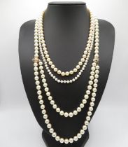 1x 9ct gold clasp pearl necklace 35" long and 1x 9ct gold clasp pearl necklace 18" long and 1x other