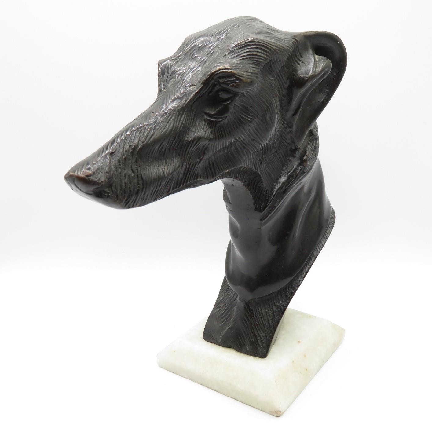 Cast bronze Greyhound head 7" tall on marble base