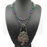 Vintage check filigree glass bead static pendant Opera length necklace 40" long