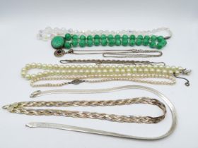 Collection of silver necklaces, pearl necklaces and glass beads 205g
