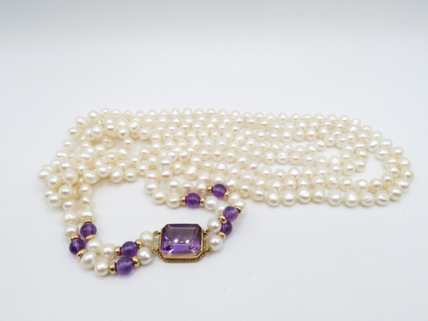 9ct gold amethyst and cultured pearl double strand Art Deco Revival Flapper necklace 32" long - Image 2 of 3