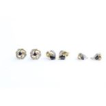 3 x 9ct gold paired gemstone stud earrings inc. sapphire and diamond (2.2g)