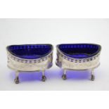 2 x Antique Georgian 1786 London STERLING SILVER Condiment Dishes (101g) w/ Blue Glass Liners
