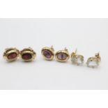 3 x 9ct gold paired gemstone stud earrings inc. amethyst, garnet & aquamarine (3.5g)