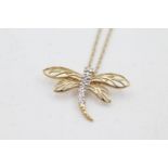 9ct gold dragonfly on chain with diamond detail (1.7g)