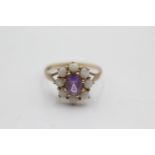 9ct gold opal framed amethyst floral set ring (2.5g) Size P