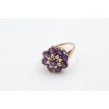 9ct gold pearl & amethyst floral set ring (4.5g) Size N