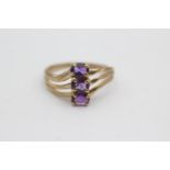 9ct gold vintage amethyst three stone dress ring (2.2g) Size Q