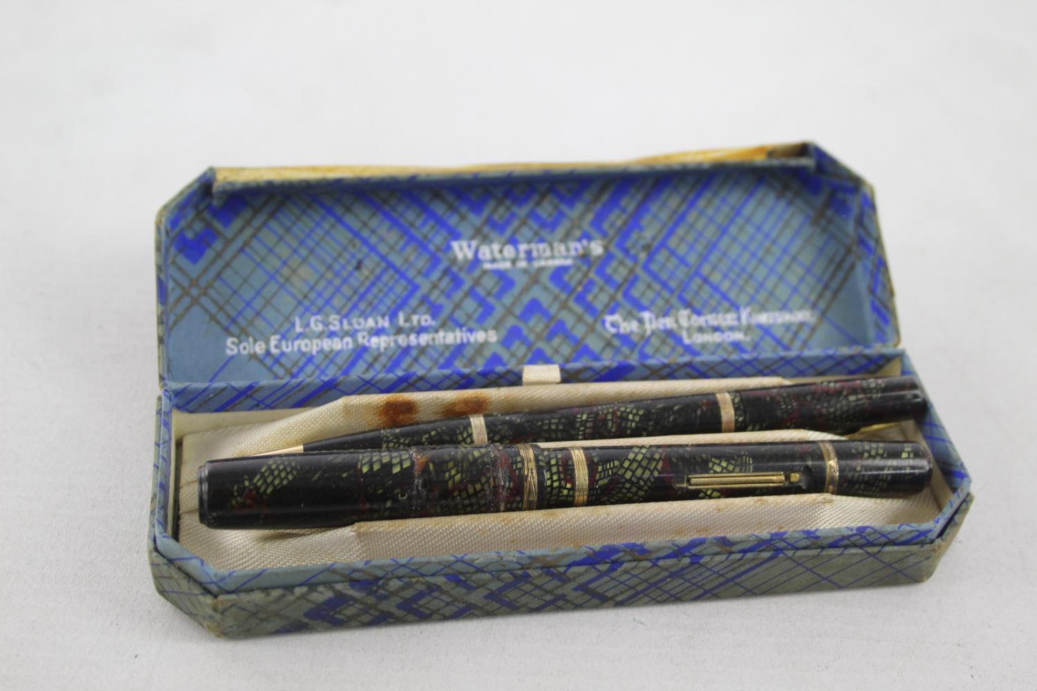 Vintage WATERMAN Ideal Brown FOUNTAIN PEN w/ 14ct Gold Nib, Pencil, Box Etc Vintage WATERMAN Ideal