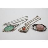 3 X Sterling Silver Modernist Jewellery Including Gemstone (59g)