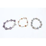 3 X Sterling Silver Bracelets Including Amber & Gemstone (47g)