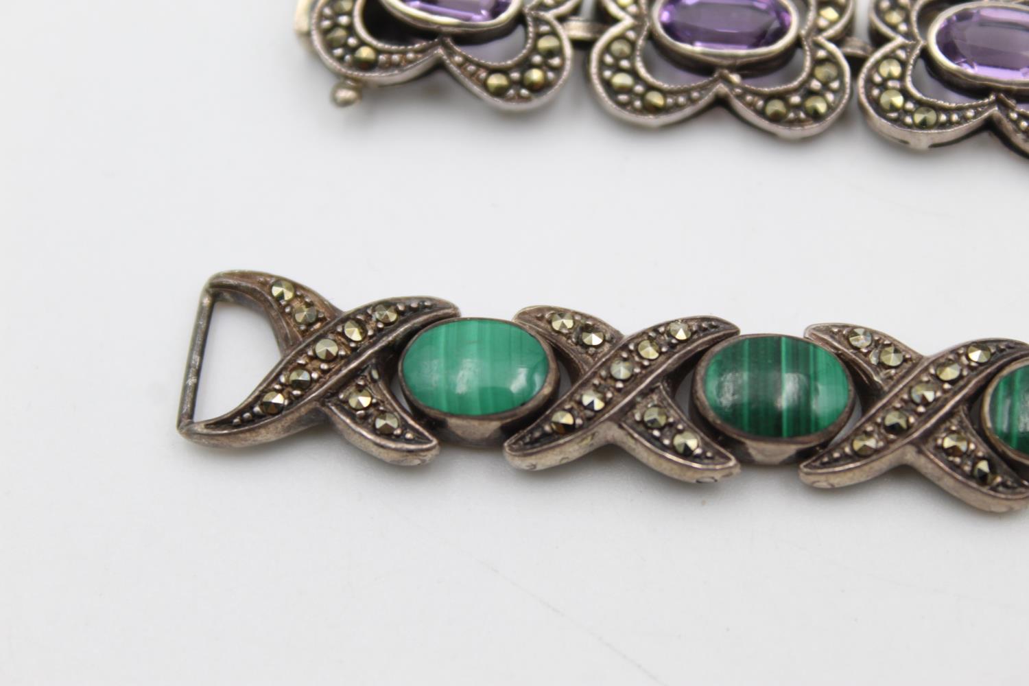 2 X Sterling Silver Marcasite, Amethyst & Malachite Bracelets (56g) - Bild 2 aus 9