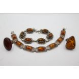 4 X Sterling Silver Vintage Amber Jewellery (58g)