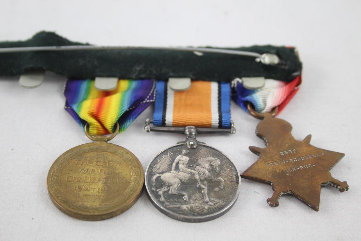 WW1 Mounted Medal Trio 1914-15 Star To 2332 PTE SJT H. Bradsell Lancashire Fusiliers - Image 7 of 7