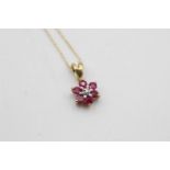 9ct gold ruby & diamond floral set pendant on chain (1g)