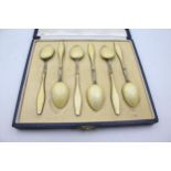 6 x Vintage Hallmarked 1959 Birmingham STERLING SILVER Teaspoons w/ Enamel (79g) w/ Yellow Guilloche