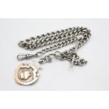 Antique Sterling Silver Watch Chain With Gold Plated Shield Fob. Dog Clip Requires Mending. (65g)