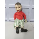 Ventriloquist dummy with papier mache head, papier mache shoes and hands, drawstring mouth, cloth