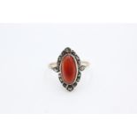 9ct gold and silver carnelian & marcasite halo dress ring (1.9g) Size O