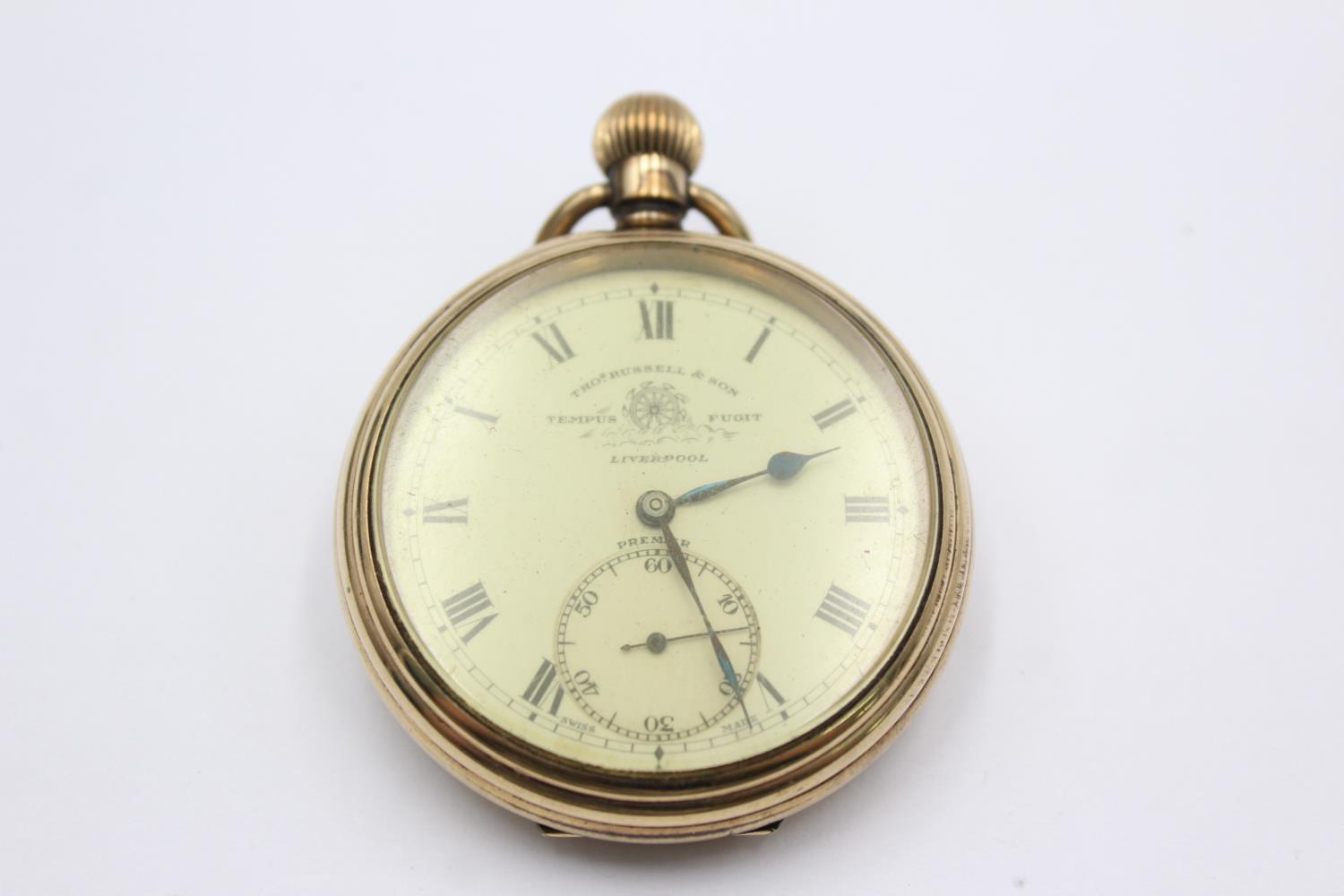 Thos Russell & Son Liverpool gents vintage rolled gold open face pocket watch handwind. Working