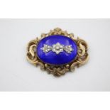 9ct gold antique diamond & blue enamel ornate mourning locket brooch (27.7g)